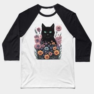 Retro black Cat with Flowers Baseball T-Shirt